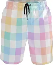 [GuoChe] Mens Swim Trunks Geometric Plaid Colorful Quick Dry Bathing Suits Holiday Beach Short Pants with Mesh Lining