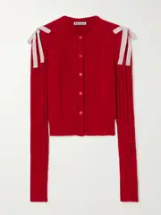 [MOLLY GODDARD] MOLLY GODDARD - Charlotte Cutout Bow-embellished Ribbed Wool Cardigan - Red - large large Red