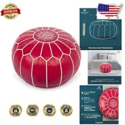 Elegant Red Leather Round Pouf Ottoman - Perfect for Modern Boho Living Spaces