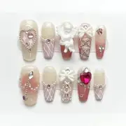 eovda - Heart Bow Plaid Press On Nail White & Red - XS