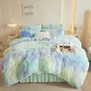 HAIHUA Fluffy Tie Dye Comforter Cover Queen Set，Faux Fur Comforter Set 3 Pieces(1 Fluffy Duvet Cover +2 Shaggy Pillowcases) Faux Fur Tie Dye Bedding Sets Queen,Solid Color (Tie Dye Sage Green, Queen)
