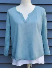 Nicole Miller Layered Top 100% Linen Light Blue White Small 3/4 Sleeve V-Neck