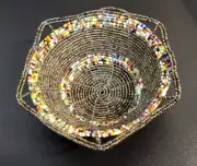 African Maasai Wire Seed Bead Bowl Dish Glass Beaded 5” Dish Kenya