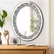 DMDFIRST Crystal Crushed Diamond Oval Shaped Glam Bling Silver Mirror for Wall