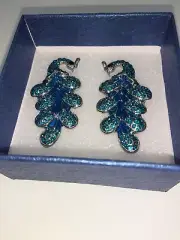 Blue and Black Austrian Crystal Peacock Earrings In Silvertone ( GIFT )
