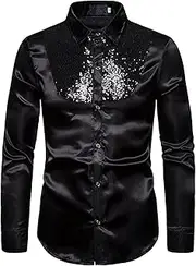 [HanzhuoLG] Men's Shirt Sequins Show Nightclub Menswear Host Master of Ceremonies Cross Border Men's Rollneck Long Sleeve Shirt S09 Black Large