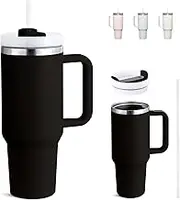 40 oz Tumbler Stainless Steel Vacuum Insulated Reusable Water Bottle Double Wall Iced Coffee Cup Travel Mug with Lid Straw and Carry Handle for Hot and Cold Drinks,Water,Tea or Coffee (Black)