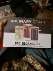 NEW 3 Glass Canisters & Bamboo Lids & Spoons 9 Pc Storage Set CULINARY CRAFT