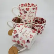 (4) Fine Bone China Mugs Valentine's Day Heart Mugs COOKSMART "LOVE LIVES HERE"