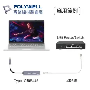 【POLYWELL】USB3.1 Type-C 2.5G轉RJ45 外接網卡 乙太網路卡(台製晶片 隨插即用 連線傳輸穩定)