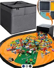 XL Toy Storage Organizer with Play Mat - Storage Bag/Box for Kids, Boys, Girls, Nursery, Playroom - Basket for Building Bricks/Blocks - Collapsible Fabric Cube Bin, 13"x13"x15"