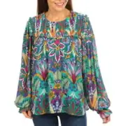 Nicole Miller Women's Size M Colorful Boho Abbie Chiffon long Sleeve Top