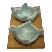 Set of Pastel Rooster Hen Egg Cups Ceramic Hand-painted Spring Farmhouse Blue