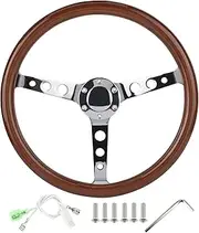 Steering Wheel, 15in Retro Wood Grip, 6-Hole Stainless Steel Spoke Steering Wheel with Horn Cover Cable