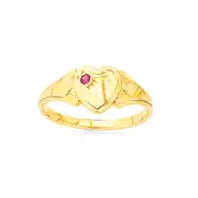 9ct Gold Single Heart Created Ruby Signet Ring in Red