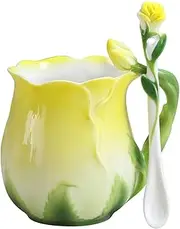 (Yellow) - YBK Tech Novelty 3D Rose Cup Bone China Porcelain Coffee Mug Afternoon Tea Cup and Spoon Set (Yellow)