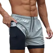 [Smatstyle] Men's Sports Shorts Quick Drying 2 in 1 Running Shorts Lightweight with Zip Pocket Sports Trousers Fitness Running Trousers Training Shorts, Gray, XXL