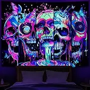 Heopapin Blacklight Skull Art Tapestry UV Reactive Neon Skeleton Butterfly Tapestry Trippy Blacklight Horror Face Tapestry Halloween Aesthetic Wall Decor Tapestries for Home W78×H59