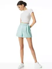 Alice + Olivia Conry Pleated Cuff Shorts Size 8 Satin Light Blue Spring Summer