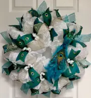 Snow Peacock Holiday Or Winter Deco Mesh Wreath Handmade