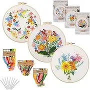 AUTOWT Beginner Embroidery Starter Kit, 3 Needlepoint Embroidery Kit for Adults DIY Handmade Sewing Craft with Plant Floral Patterns, Stitching Sewing Kit Scenery Series, Colored Thread, Needles, Bamboo Hoops