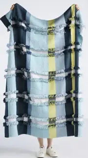 Anthropologie Woven Daybreak Throw Blanket Fringed Detail Aqua Blue Yellow NWT