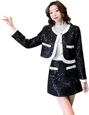[JYHBHMZG] French Sequins Tweed Two Piece Set Women Short Jacket Coat+Mini Skirt Suits Female 2 Piece Sets