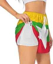 [JEJEA] Flag of Myanmar Print Summer High-Waisted Athletic Shorts Women's Running Workout Shorts, Ideal for Gym Yoga Casual