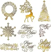 9PCS Christmas Hot Foil Plate,Christmas Elks,Snowflakes,Christmas Tree,Happy New Year,Peace on Earth,Silent Light,Christmas Wreath Leave Metal Foil Plate for Card Making DIY Scrapbooking Xmas