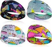[Yolev] 4Pcs Retro Print Head Wraps for Women Head Scarfs Soft 80s 90s Neon Bandana Headband Yoga Sport Hairbands Party Hiking Cycling Running Hair Accessories for Women Men