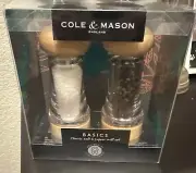 COLE & MASON Basics Adjustable Refillable Wood & Glass Salt & Pepper Grinder~NEW