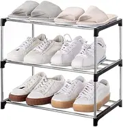 [MOTRAIN] 3-Tier Stackable Shoe Rack, Metal Shelf, Space-Saving Shoe Organizer for Entryway, Hallway, or Closet, Slim and Functional Design (Black)