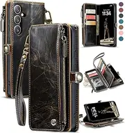 [Defencase] Compatible with Galaxy A54 5G Case Wallet with RFID Blocking Card Holder for Women Men, PU Leather Magnetic Snap Flip Zipper Strap Wallet Phone Case Fit for Samsung Galaxy A54 5G, Coffee
