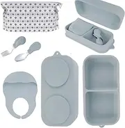 Travel Silicone Baby Feeding Set with 316 Stainless Steel Spoon & Fork,Silicone Suction Plates, Foldable Bib, Storage Bag - Portable Infant Toddler Utensils, 6-Piece BPA-Free Dishware Kit（gray）