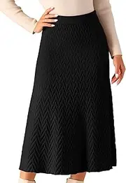 [Seta T] Women's Ribbed Knit A-Line Skirts Elastic High Waist Stretchy Sweater Midi Skirt