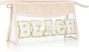 Dimeho Boho Patch Cosmetic Bag, Clear Patch Makeup Letter Bag Organizer Transparent Travel Toiletry Bag Beach Cosmetic Zipper Pouch Purse Waterproof Snacks Bag Sunscreen Bag Gifts for Women (Beach