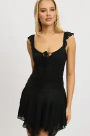 Black A-Line Dress Frilled Sleeve Mini Lace - Size 6, Women's Skater Dress
