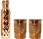 Water Diamond Design 23.7oz Pure Copper Bottle +2 Silver Touch Glass Set Of