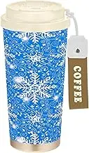 RPLIFE Travel Coffee Mug 16+ Oz with Ceramic Coating, Stainless Steel Coffee Tumbler with Straw and Filp Lid, Vacuum Insulated Cup, White Snowflakes Blue