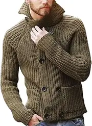 [Generic] Men's Stand Collar Double Breasted Cardigan Male Cable Button Sweater Double Breasted Knitted Cardigan for Men