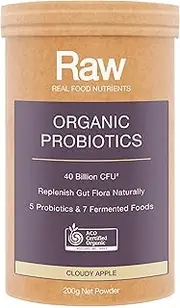Raw Real Food Nutrients Organic Probiotic – 40 Billion CFU with 5 Strains & Prebiotics | Gut Health Support with 7 Organic Fermented Foods | Plant-Based, Vegan, Raw Formula, Cloudy Apple – 200g