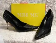 MISS ME "Vodka 13" womens black patent STUDDED heels pointy toes stilletto