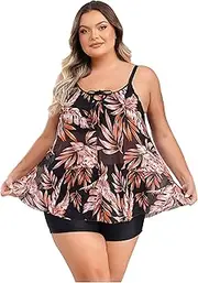 [Fldy] 2Pcs Women Plus Size Swimsuit Sleeveless Mesh Dress with Swim Bottoms Shorts Bathing Suits