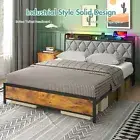 Bed Frame Double Size Charging Station Remote RGB LED Storage Headboard Shelf