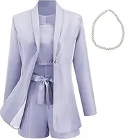 [aromm] 3 Piece Women's Office Suits Comfy Long Sleeve Blazer & Tied Shorts & Camisole Summer Casual Formal Clothing Set
