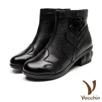 在飛比找ETMall東森購物網優惠-【VECCHIO】短靴 粗跟短靴/真皮手工立體花朵純色復古粗