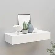 White Wall Shelves with Drawer, Floating Decor Shelf for Kitchen & Bathroom - 60x23.5x10 cm Solid MDF Wall-Mounted Ledge