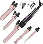 5 in 1 Ceramic Hair Curler Curling Iron Wand Roller Set Interchangeable Barrels Curls Wave + Heat Resistant Glove Styling Tool
