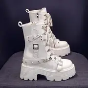 Faux Leather Platform Chunky Heel Buckled Lace-Up Short Boots With Lining - Beige - 38