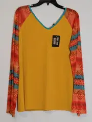 ROWDY CROWD CLOTHING Yellow Gold Long Sleeve Stretchy Rib Knit Aztec Top; Size L
